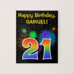 [ Thumbnail: Fun Fireworks + Rainbow Pattern "21" Birthday # Jigsaw Puzzle ]