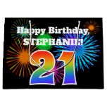 [ Thumbnail: Fun Fireworks + Rainbow Pattern "21" Birthday # Gift Bag ]