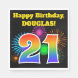 [ Thumbnail: Fun Fireworks + Rainbow Pattern "21" Birthday # Napkins ]