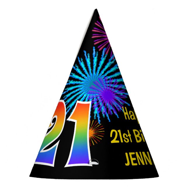 Fun Fireworks + Rainbow Pattern "21" Birthday # Party Hat (Left)