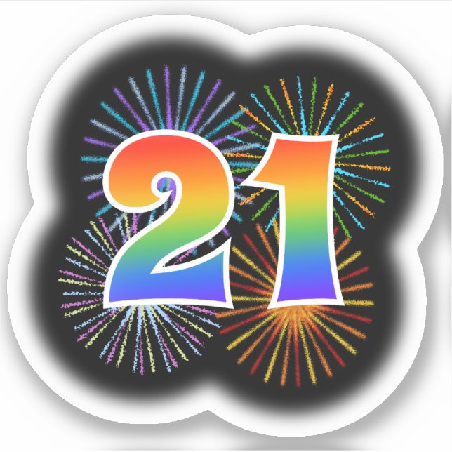Fun Fireworks + Rainbow Pattern "21" Event # Sticker (Front)