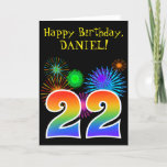 [ Thumbnail: Fun Fireworks + Rainbow Pattern "22" Birthday # Card ]
