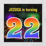 [ Thumbnail: Fun Fireworks + Rainbow Pattern "22" Birthday # Invitation ]