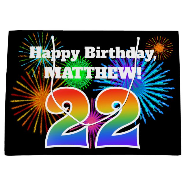 Fun Fireworks + Rainbow Pattern "22" Birthday # Large Gift Bag (Front)