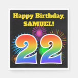 [ Thumbnail: Fun Fireworks + Rainbow Pattern "22" Birthday # Napkins ]