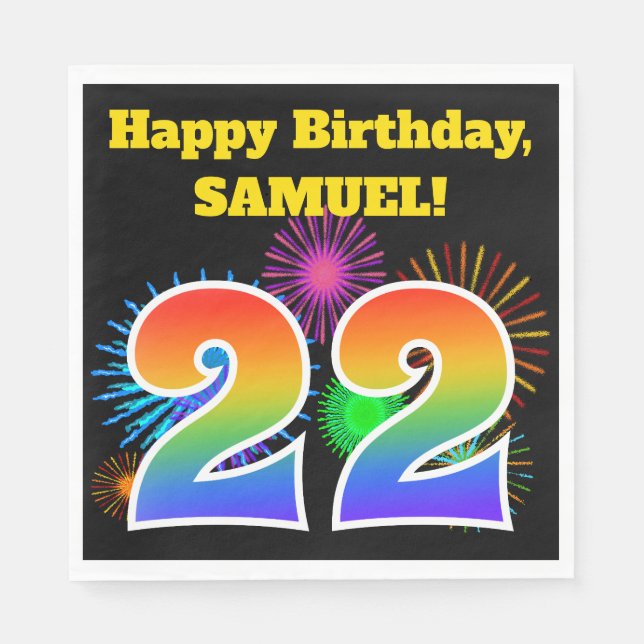 Fun Fireworks + Rainbow Pattern "22" Birthday # Napkins (Front)