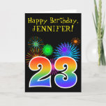 [ Thumbnail: Fun Fireworks + Rainbow Pattern "23" Birthday # Card ]