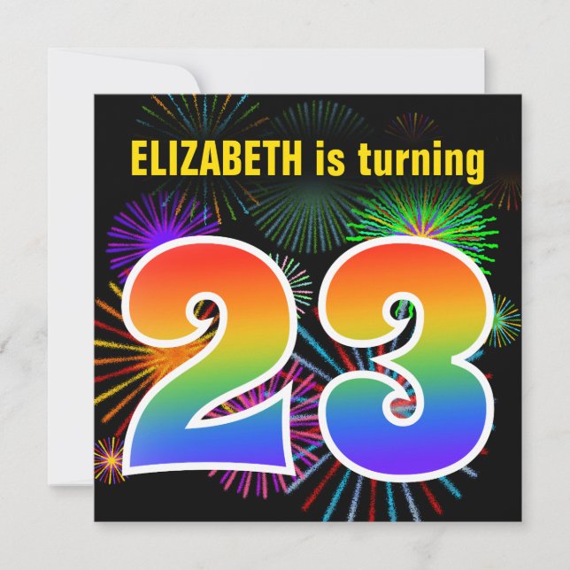 Fun Fireworks + Rainbow Pattern "23" Birthday # Invitation (Front)