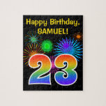 [ Thumbnail: Fun Fireworks + Rainbow Pattern "23" Birthday # Jigsaw Puzzle ]