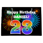 [ Thumbnail: Fun Fireworks + Rainbow Pattern "23" Birthday # Gift Bag ]