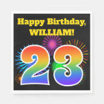 [ Thumbnail: Fun Fireworks + Rainbow Pattern "23" Birthday # Napkins ]