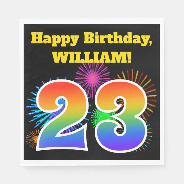 Fun Fireworks + Rainbow Pattern "23" Birthday # Napkins (Front)