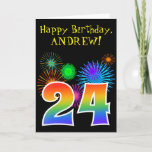 [ Thumbnail: Fun Fireworks + Rainbow Pattern "24" Birthday # Card ]