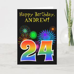 Fun Fireworks + Rainbow Pattern "24" Birthday # Card