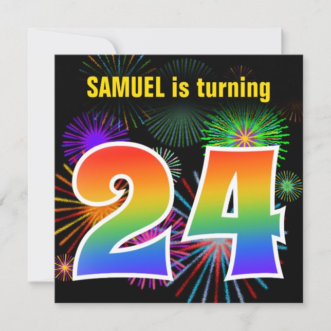 Fun Fireworks + Rainbow Pattern "24" Birthday # Invitation (Front)