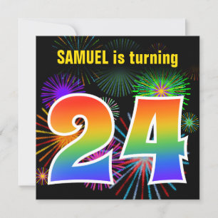 Fun Fireworks + Rainbow Pattern "24" Birthday # Invitation