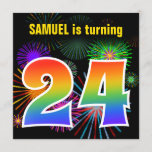 [ Thumbnail: Fun Fireworks + Rainbow Pattern "24" Birthday # Invitation ]