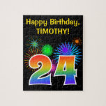 [ Thumbnail: Fun Fireworks + Rainbow Pattern "24" Birthday # Jigsaw Puzzle ]