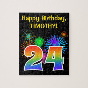 Fun Fireworks + Rainbow Pattern "24" Birthday # Jigsaw Puzzle