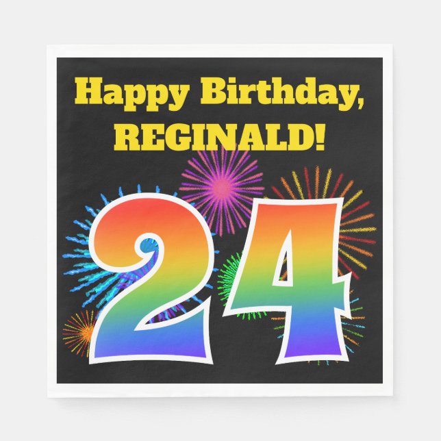 Fun Fireworks + Rainbow Pattern "24" Birthday # Napkins (Front)