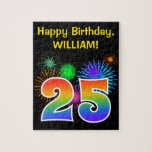 [ Thumbnail: Fun Fireworks + Rainbow Pattern "25" Birthday # Jigsaw Puzzle ]