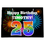 [ Thumbnail: Fun Fireworks + Rainbow Pattern "25" Birthday # Gift Bag ]