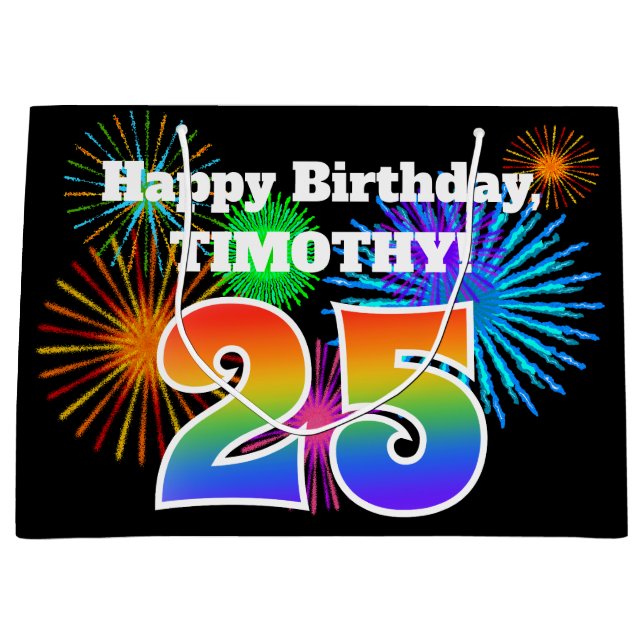 Fun Fireworks + Rainbow Pattern "25" Birthday # Large Gift Bag (Front)