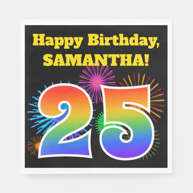 Fun Fireworks + Rainbow Pattern "25" Birthday # Napkins (Front)