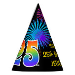 [ Thumbnail: Fun Fireworks + Rainbow Pattern "25" Birthday # Party Hat ]