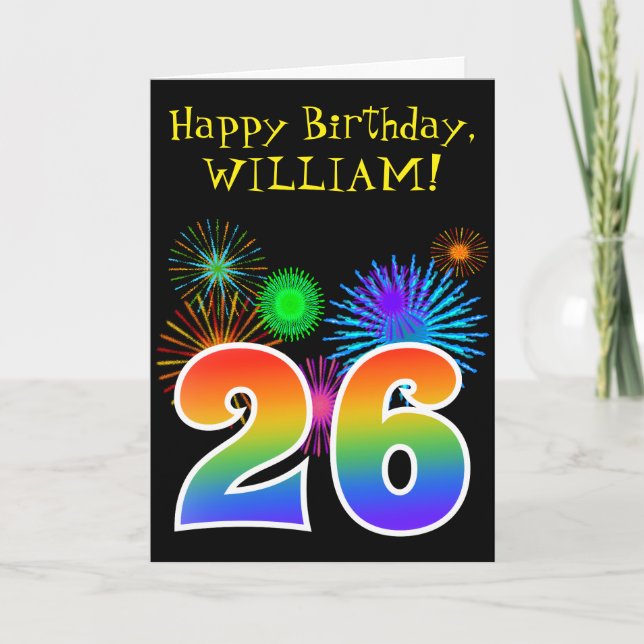 Fun Fireworks + Rainbow Pattern "26" Birthday # Card (Front)