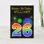 [ Thumbnail: Fun Fireworks + Rainbow Pattern "26" Birthday # Card ]