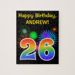 [ Thumbnail: Fun Fireworks + Rainbow Pattern "26" Birthday # Jigsaw Puzzle ]
