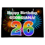 [ Thumbnail: Fun Fireworks + Rainbow Pattern "26" Birthday # Gift Bag ]