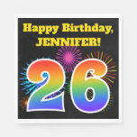 [ Thumbnail: Fun Fireworks + Rainbow Pattern "26" Birthday # Napkins ]
