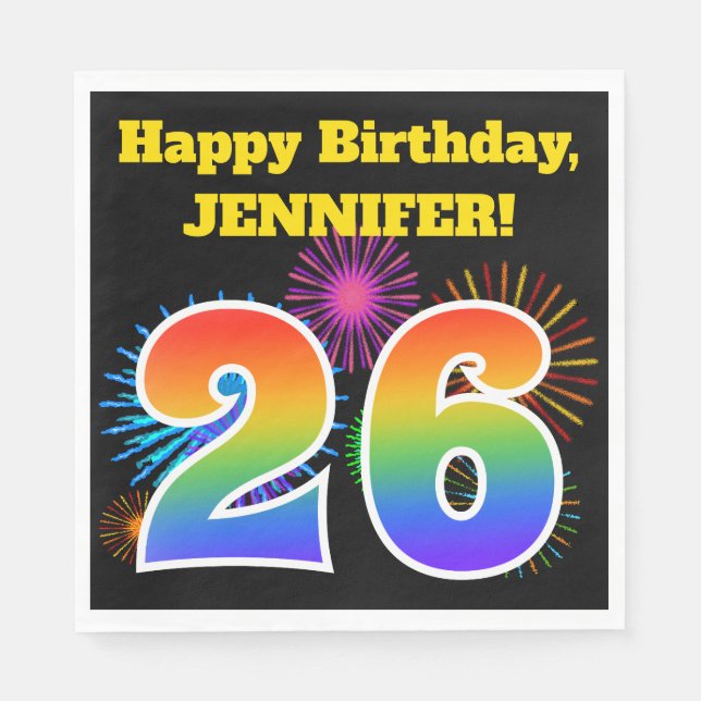 Fun Fireworks + Rainbow Pattern "26" Birthday # Napkins (Front)