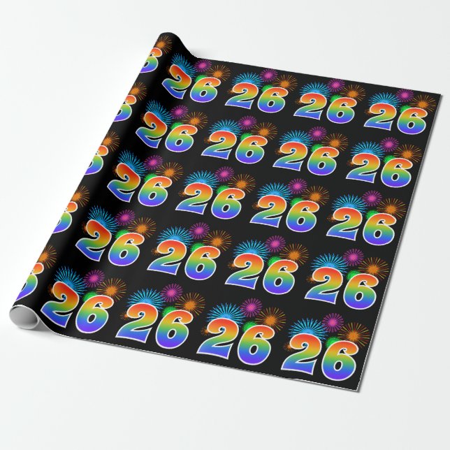 Fun Fireworks + Rainbow Pattern "26" Event Number Wrapping Paper (Unrolled)