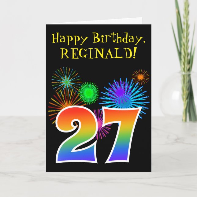 Fun Fireworks + Rainbow Pattern "27" Birthday # Card (Front)