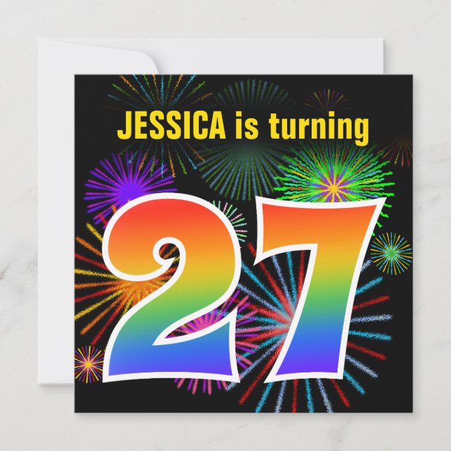 Fun Fireworks + Rainbow Pattern "27" Birthday # Invitation (Front)