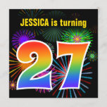 [ Thumbnail: Fun Fireworks + Rainbow Pattern "27" Birthday # Invitation ]