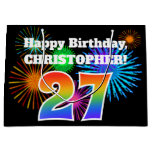 [ Thumbnail: Fun Fireworks + Rainbow Pattern "27" Birthday # Gift Bag ]