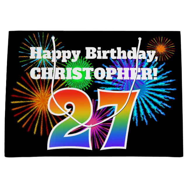 Fun Fireworks + Rainbow Pattern "27" Birthday # Large Gift Bag (Front)
