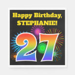 [ Thumbnail: Fun Fireworks + Rainbow Pattern "27" Birthday # Napkins ]
