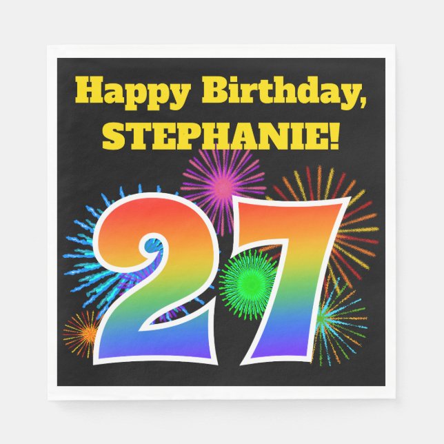 Fun Fireworks + Rainbow Pattern "27" Birthday # Napkins (Front)