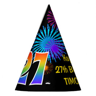 Fun Fireworks + Rainbow Pattern "27" Birthday # Party Hat