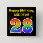 [ Thumbnail: Fun Fireworks + Rainbow Pattern "28" Birthday # Button ]