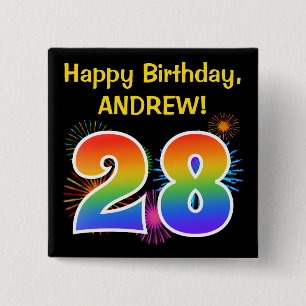 Fun Fireworks + Rainbow Pattern "28" Birthday # Button