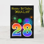 [ Thumbnail: Fun Fireworks + Rainbow Pattern "28" Birthday # Card ]