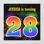 [ Thumbnail: Fun Fireworks + Rainbow Pattern "28" Birthday # Invitation ]