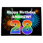 [ Thumbnail: Fun Fireworks + Rainbow Pattern "28" Birthday # Gift Bag ]