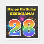 [ Thumbnail: Fun Fireworks + Rainbow Pattern "28" Birthday # Napkins ]